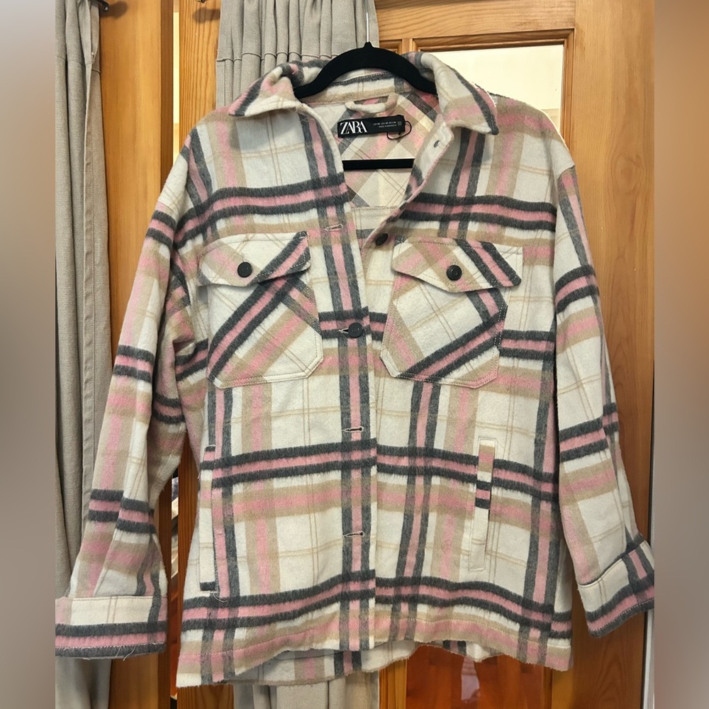Zara Women's Utility Jacket - Pink and Cream Plaid